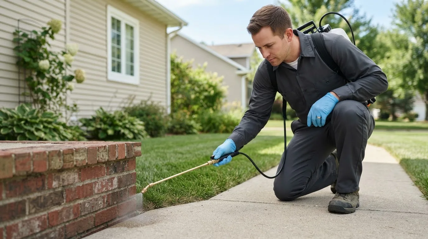 Pest control technician treating a home near French Camp, MS